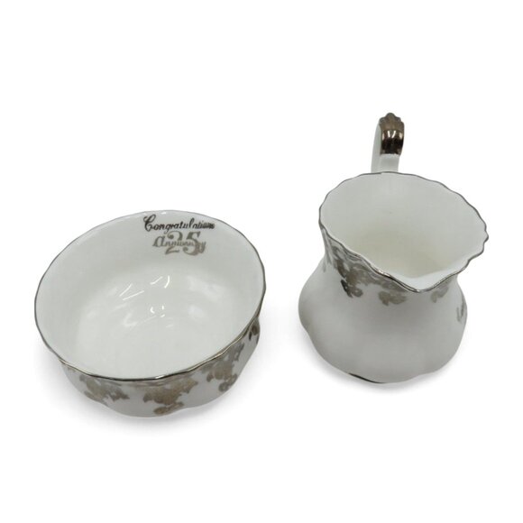 ROYAL ALBERT Silver Floral Cream And Sugar 25th Anniversary England Vintage - Picture 9 of 12